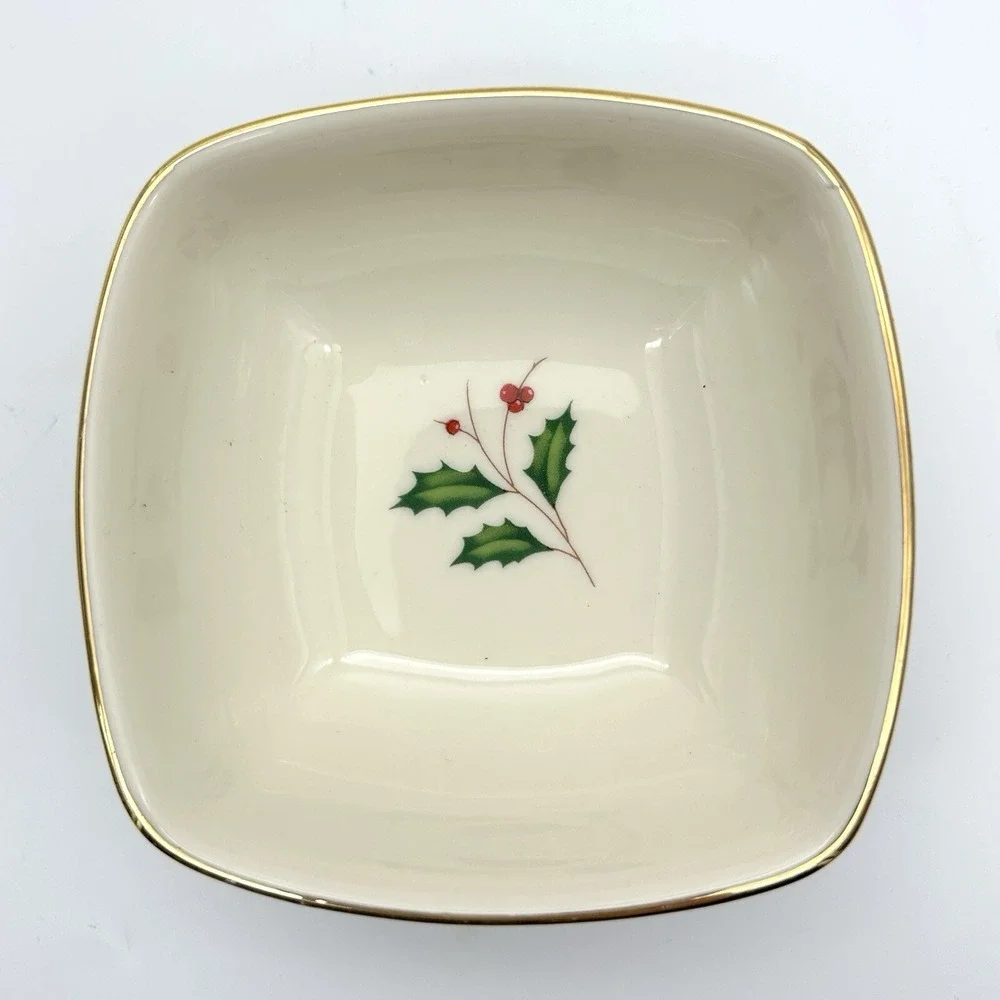 LENOX Holiday Holly Berry Square Dipping Bowl Gold Rim Christmas Porcelain 4